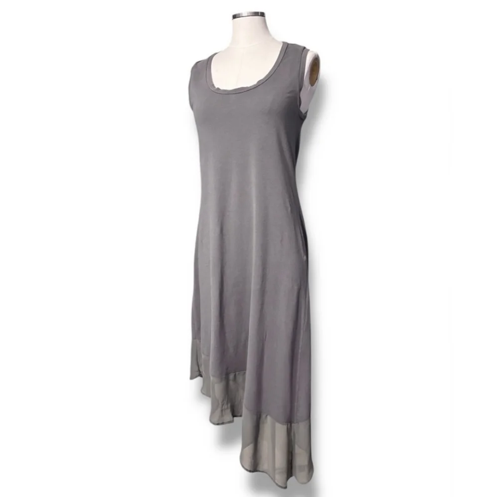 TOMMY BAHAMA Grey Knit & Chiffon Scoop Neck Sleeveless Dress Asymmetrical Hem